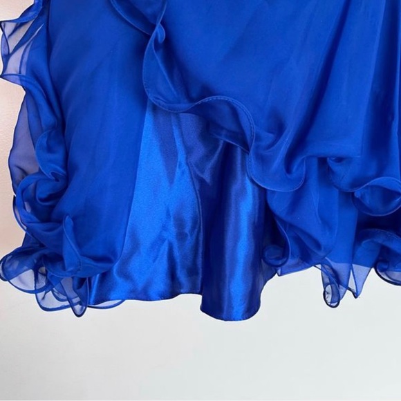 Mac Duggal One Shoulder Blue Formal Mini Dress Skater Beaded Sequins Size 14 - Picture 4 of 10